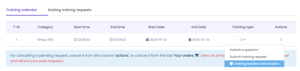 Dashboard Training Calendar