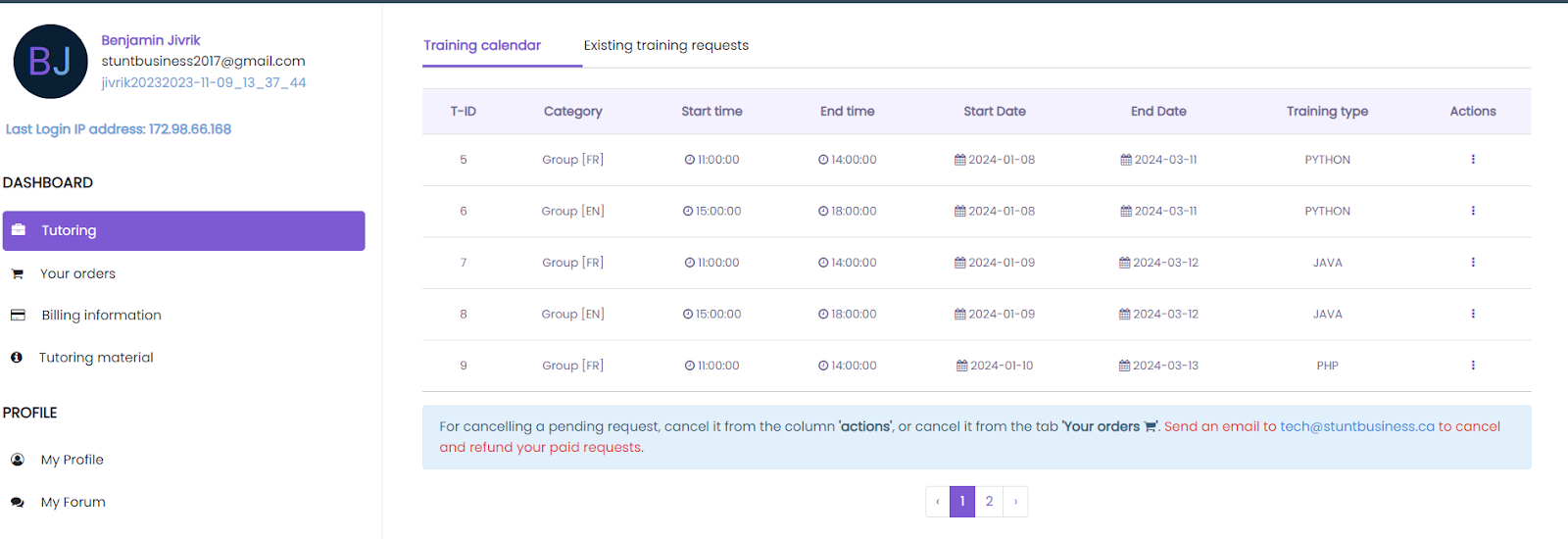 Dashboard Tutoring List